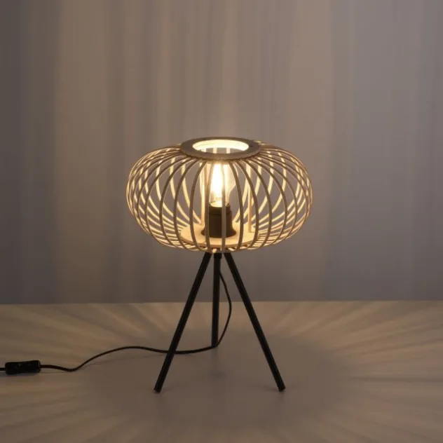 Tischleuchte, E27 für LED Leuchtmittel wechselbar, Holz Rattan
