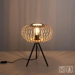 Tischleuchte, E27 für LED Leuchtmittel wechselbar, Holz Rattan