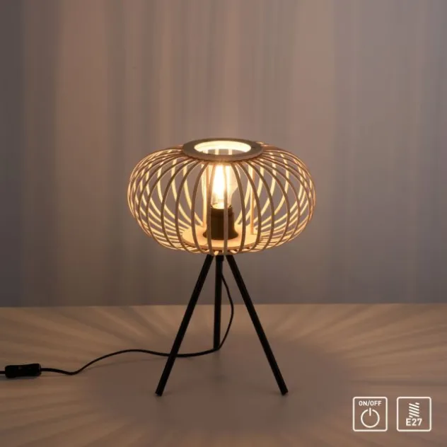 Tischleuchte, E27 für LED Leuchtmittel wechselbar, Holz Rattan