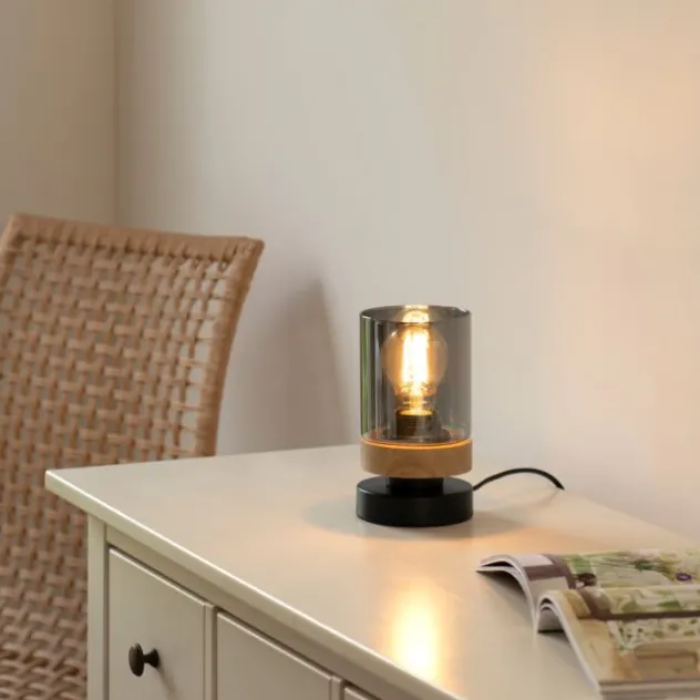 Tischleuchte, Rauchglas, Holz, Robberwood, E27