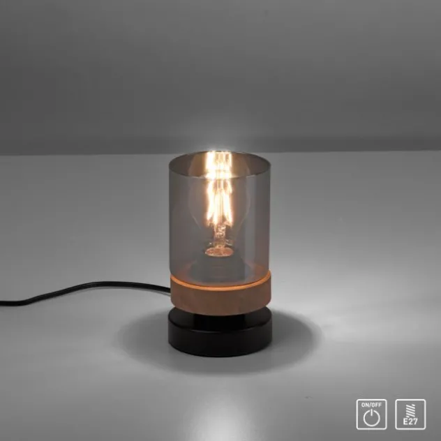 Tischleuchte, Rauchglas, Holz, Robberwood, E27