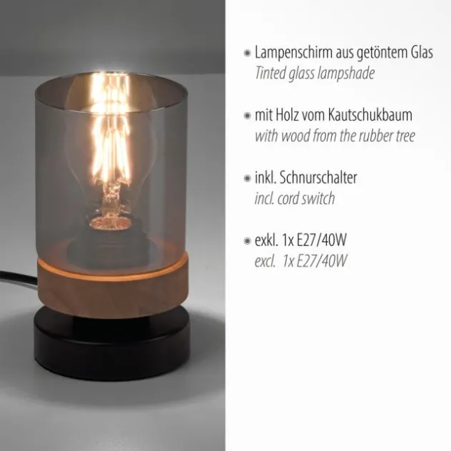 Tischleuchte, Rauchglas, Holz, Robberwood, E27