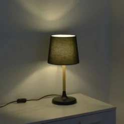 Tischleuchte, Stoffschirm, schwarz, Holz, schlicht, zeitlos
