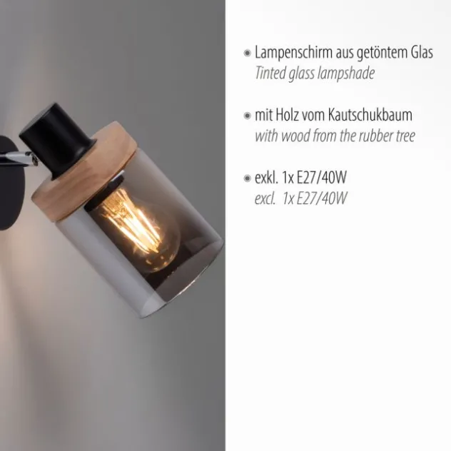 Wandleuchte, Rauchglas, Holz, Robberwood, E27