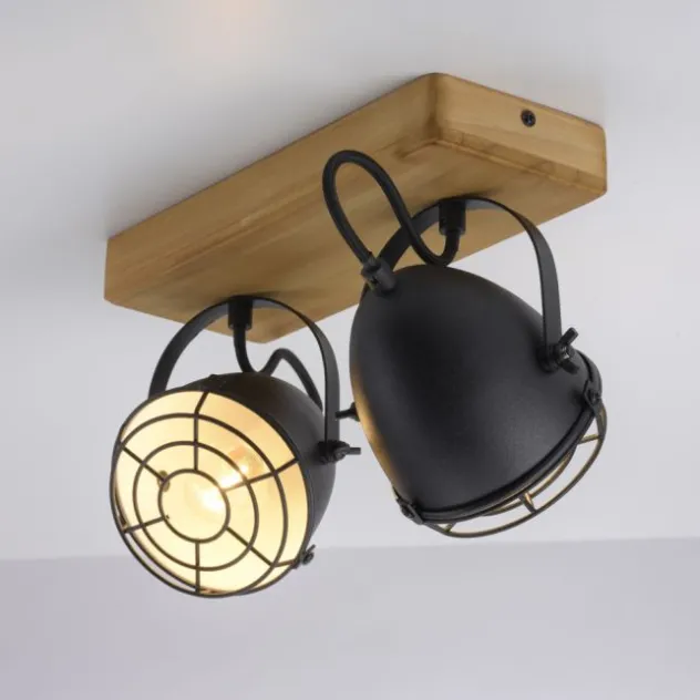 Wandleuchte Retrolook Vintage Holz / Metall, 2-flammig, schwarz