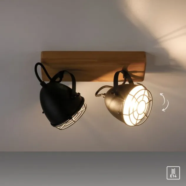 Wandleuchte Retrolook Vintage Holz / Metall, 2-flammig, schwarz